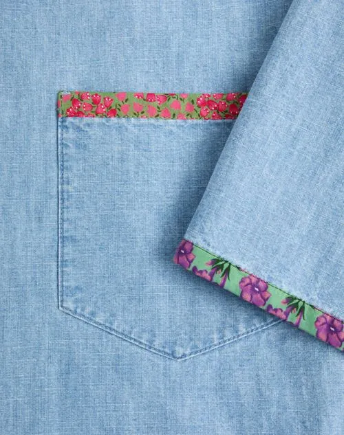 Floral Trim Button-Up Denim Shirt