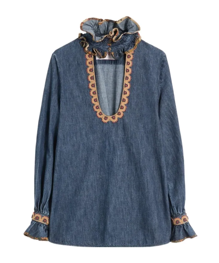 Ruffled Long-Sleeved Denim Top