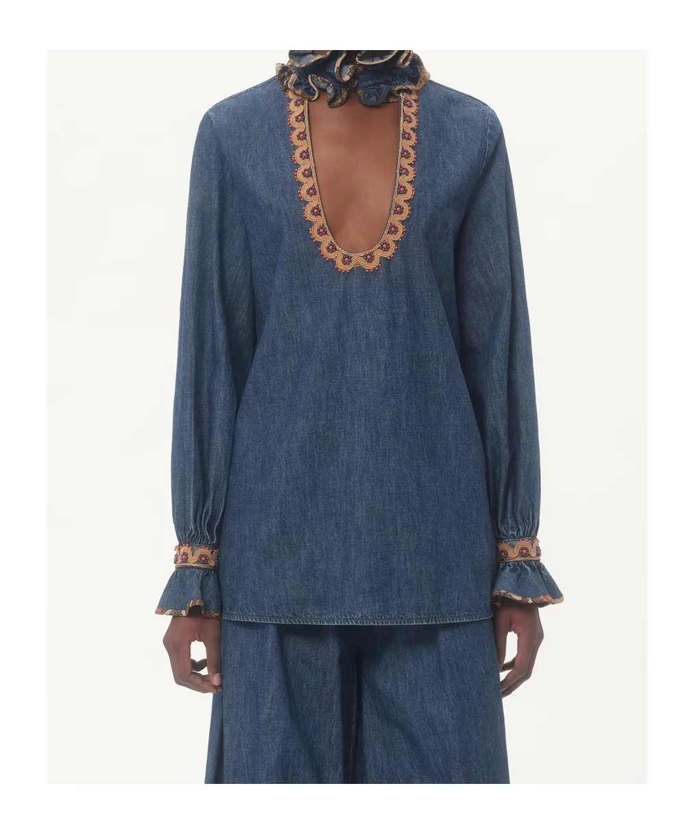 Ruffled Long-Sleeved Denim Top