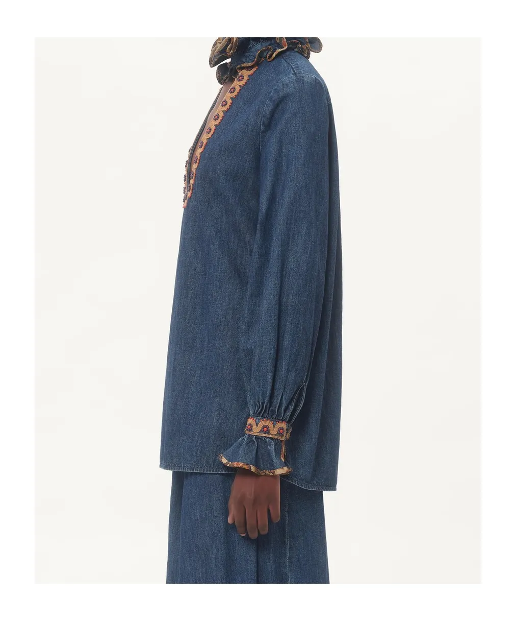 Ruffled Long-Sleeved Denim Top