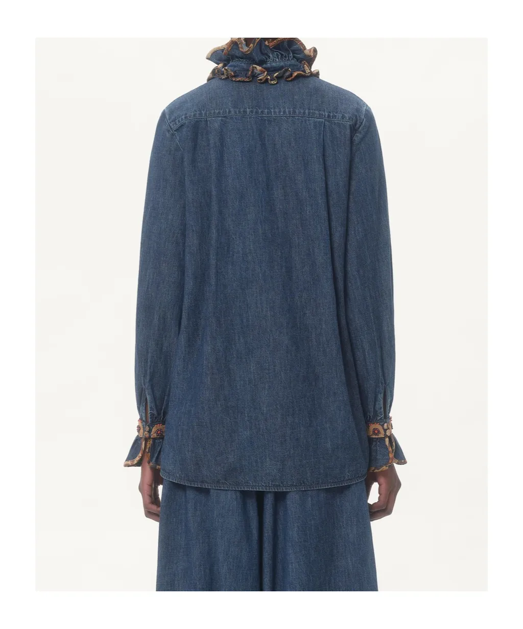 Ruffled Long-Sleeved Denim Top