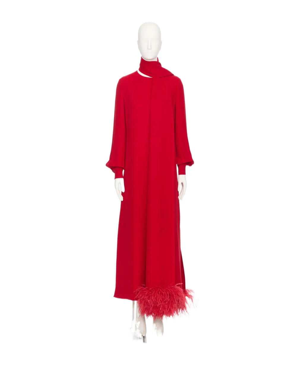 Feather-Trim Long-Sleeved Dress