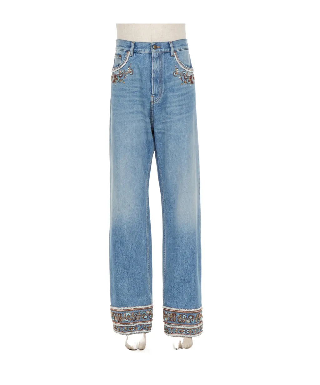 Floral Trim Straight Leg Jeans