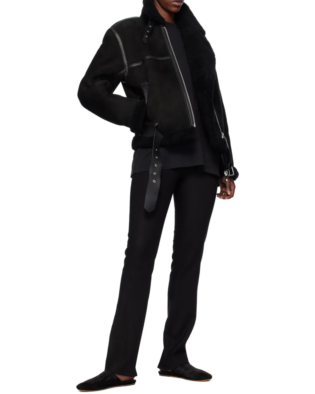 Shearling-Trim Zip-Up Suede Jacket