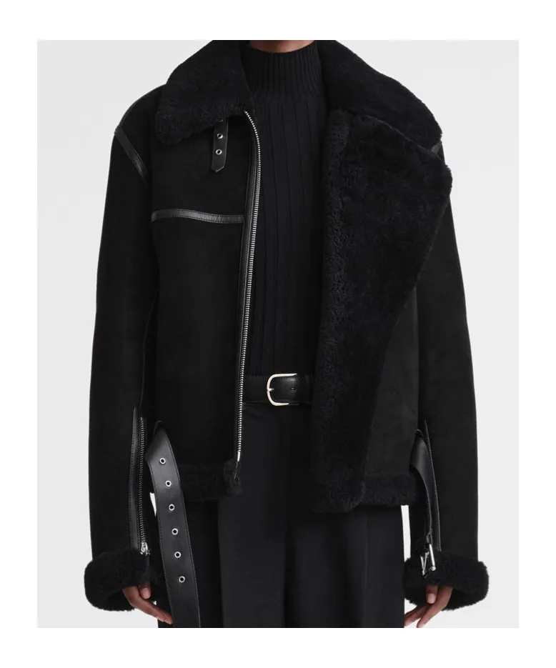 Shearling-Trim Zip-Up Suede Jacket