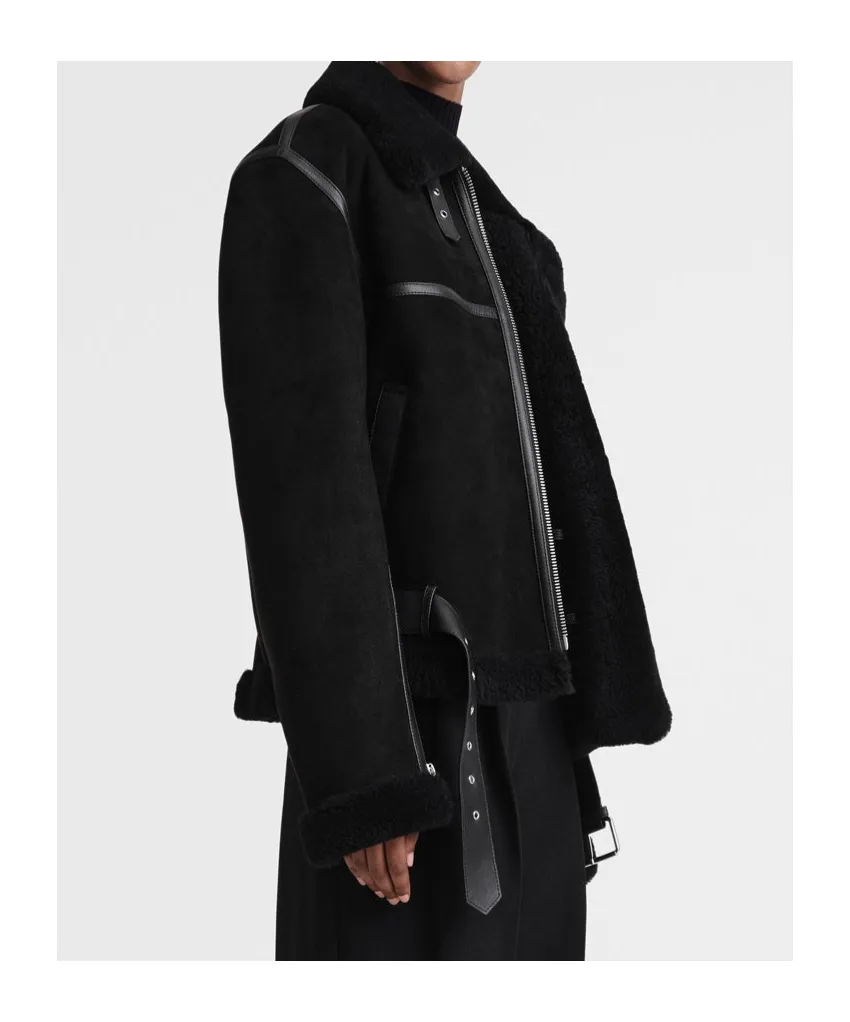 Shearling-Trim Zip-Up Suede Jacket
