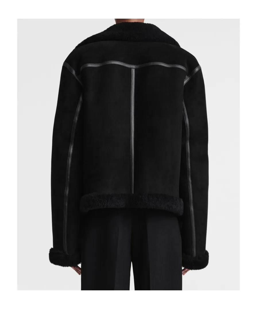 Shearling-Trim Zip-Up Suede Jacket