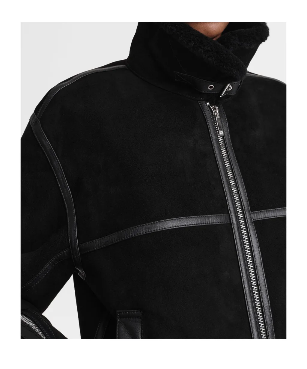 Shearling-Trim Zip-Up Suede Jacket