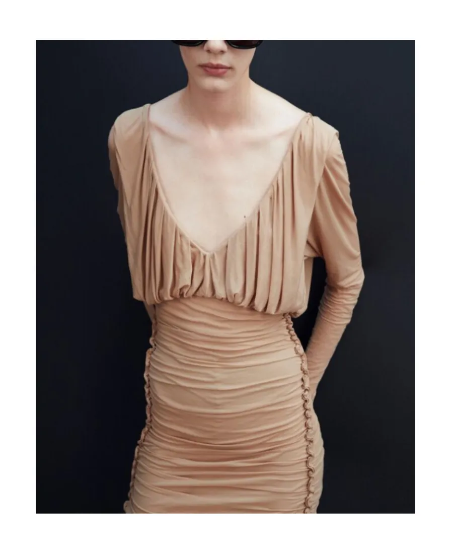 V-Neck Draped Long-Sleeved Dress