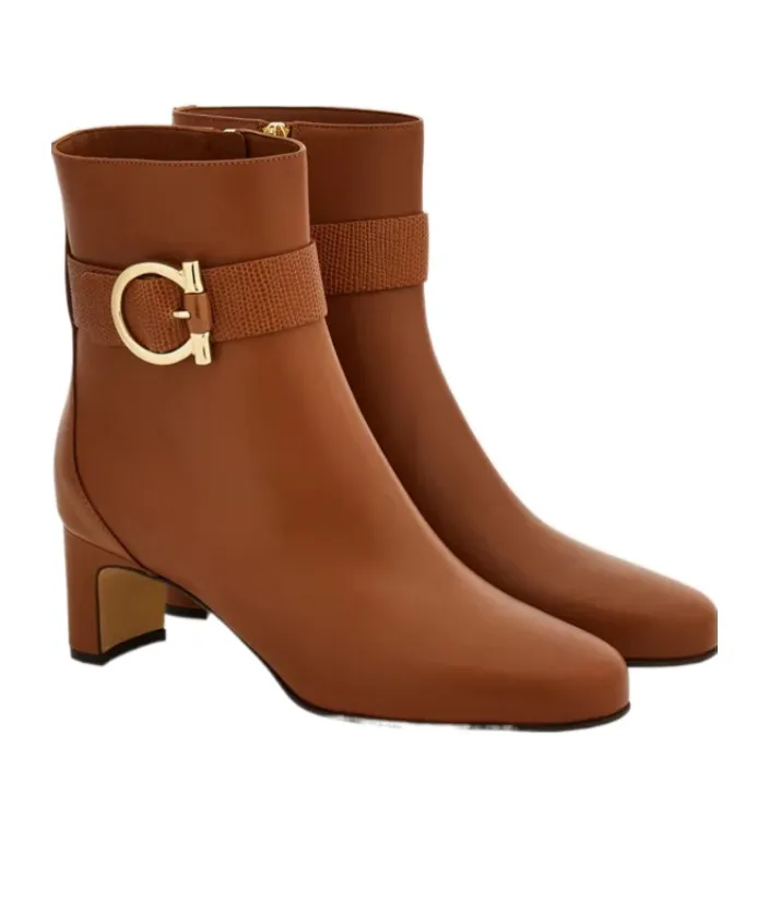 Gancini Ornament Mid Heel Ankle Boot