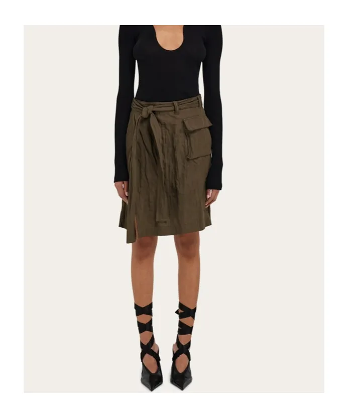Belted Waist Ruched Midi Skirt