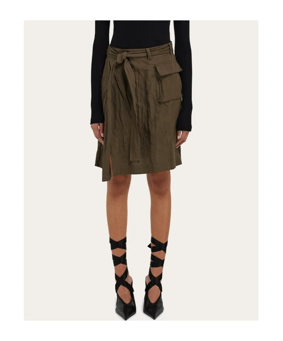 Belted Waist Ruched Midi Skirt