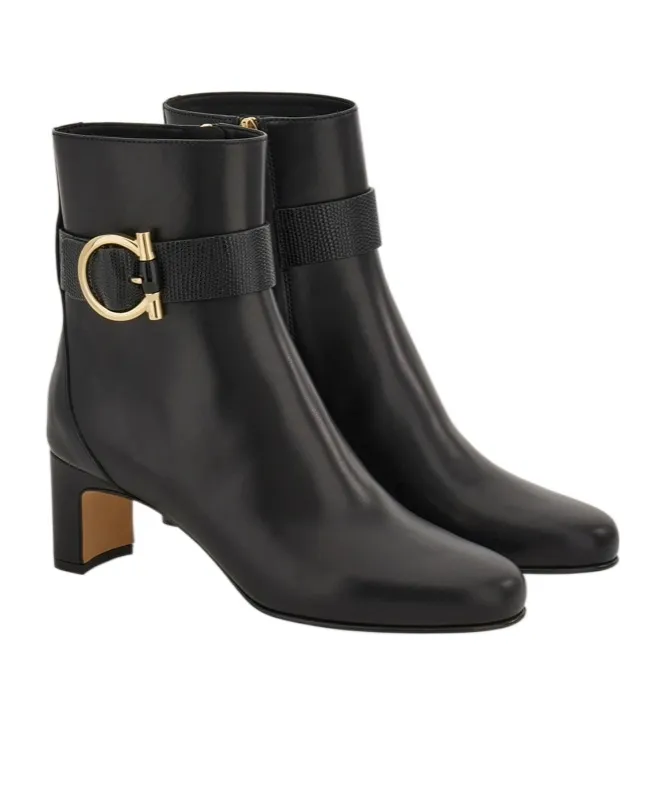Gancini Ornament Mid Heel Ankle Boot