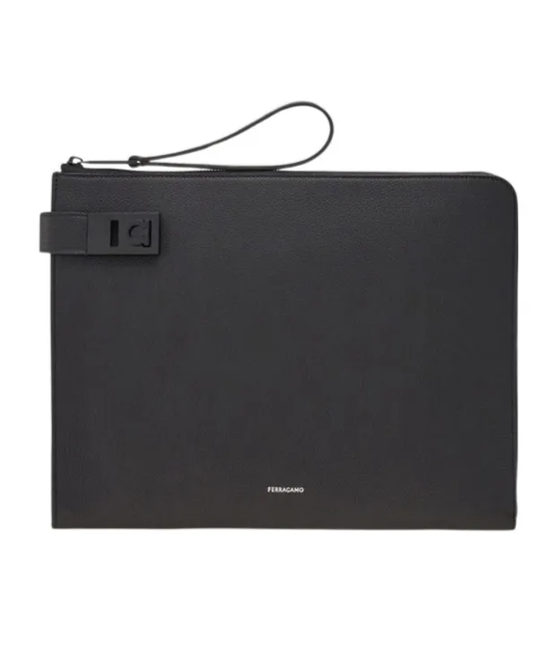 Gancini-Buckled Zip-Up Clutch Bag
