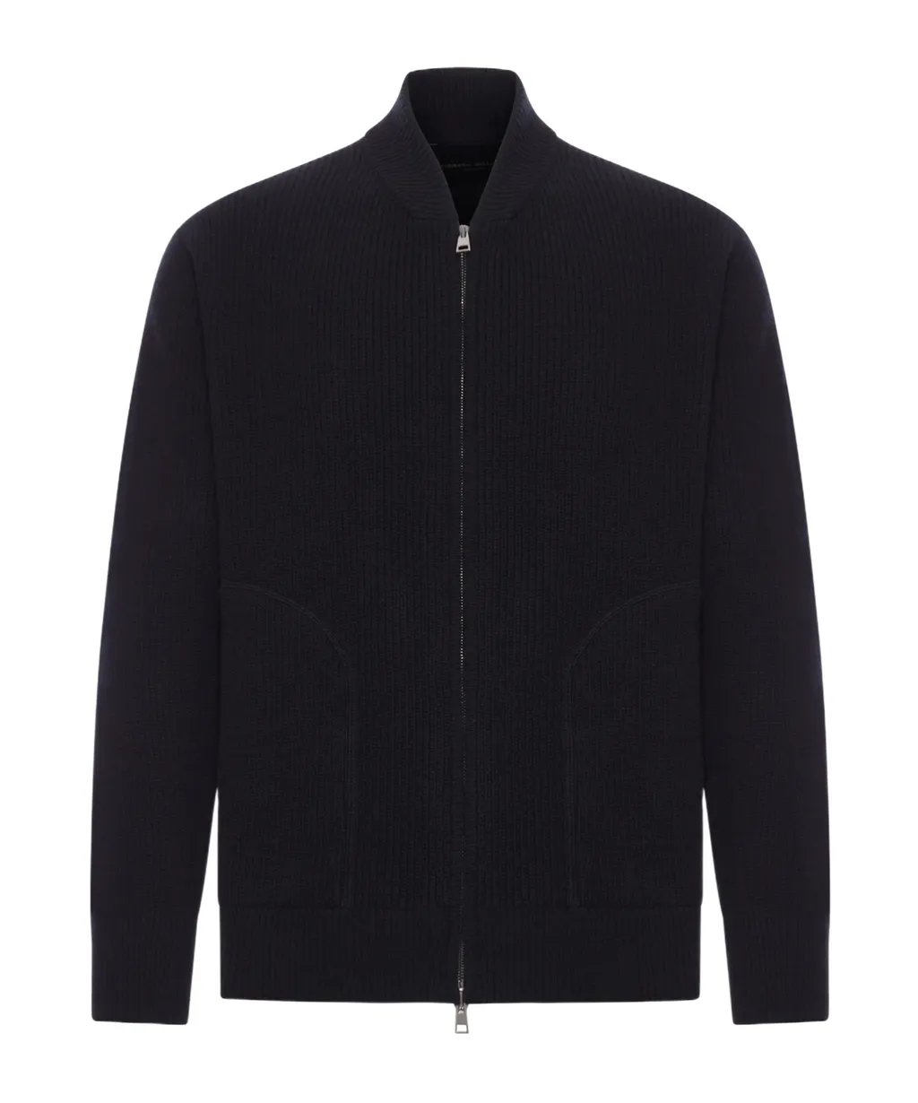 Zip-Up Ribbed Wool Cardigan
