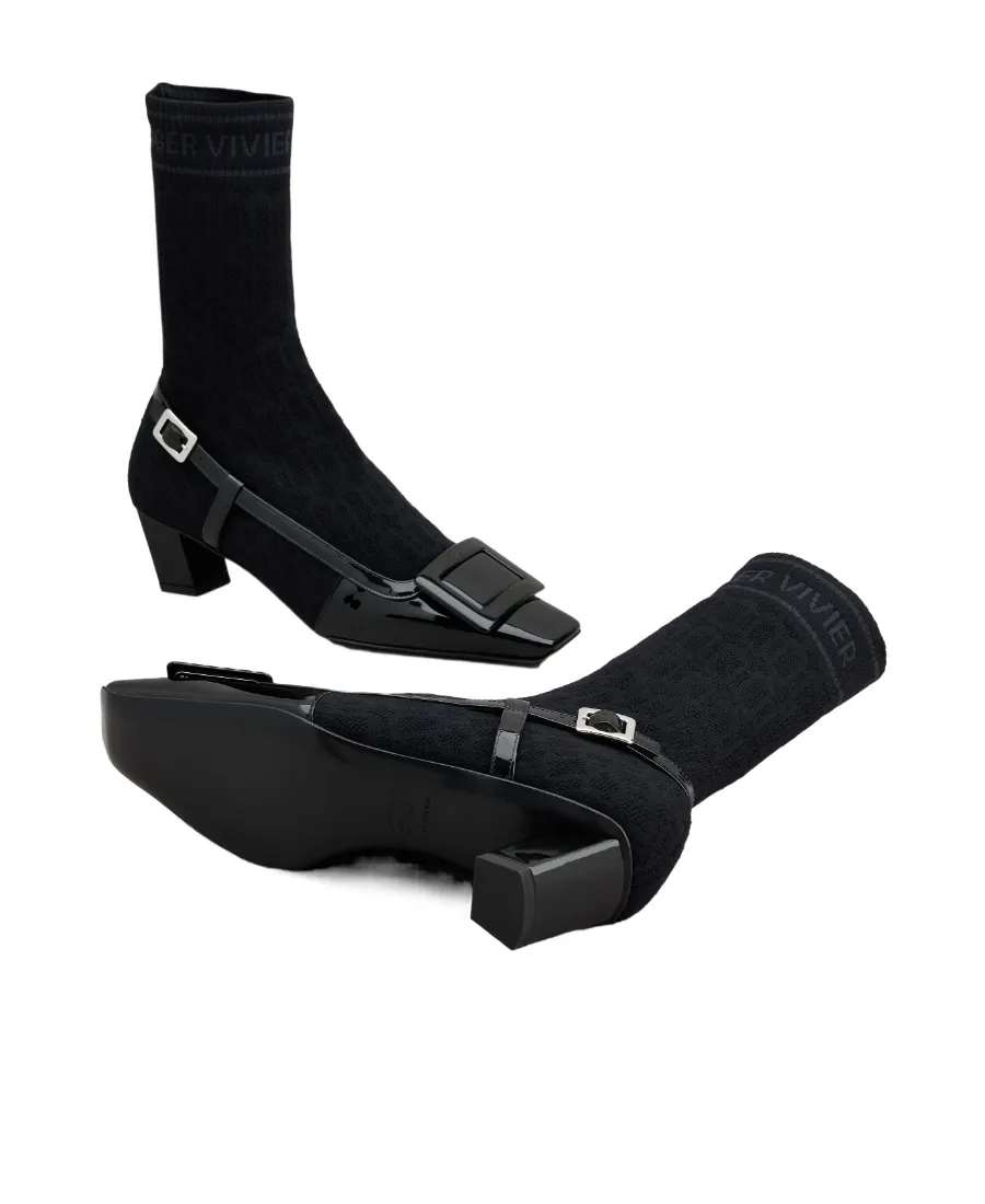 Belle Vivier Sock Lacquered Buckle Ankle Boots