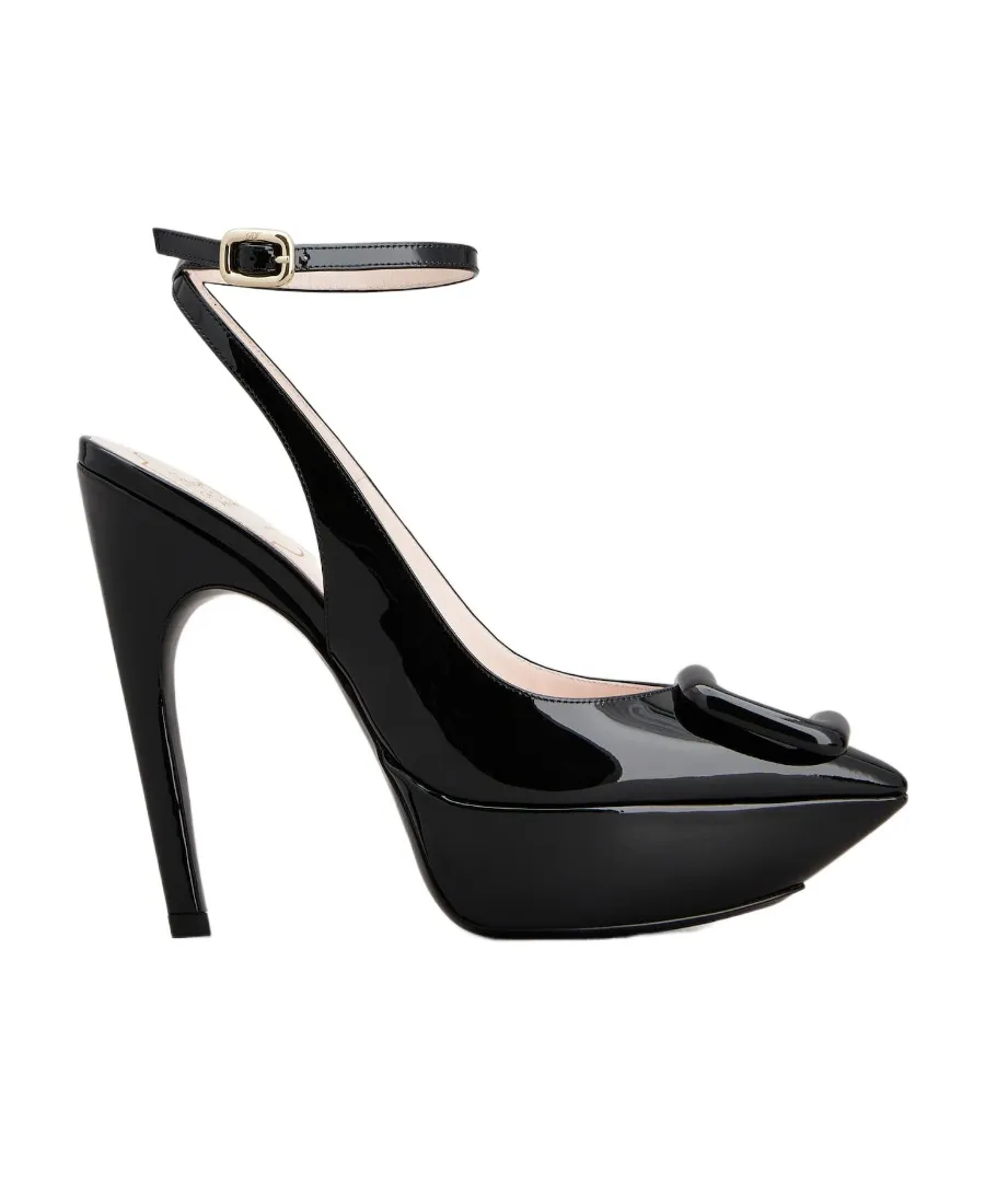 Viv' Choc Lacquered Buckle Slingback Pumps