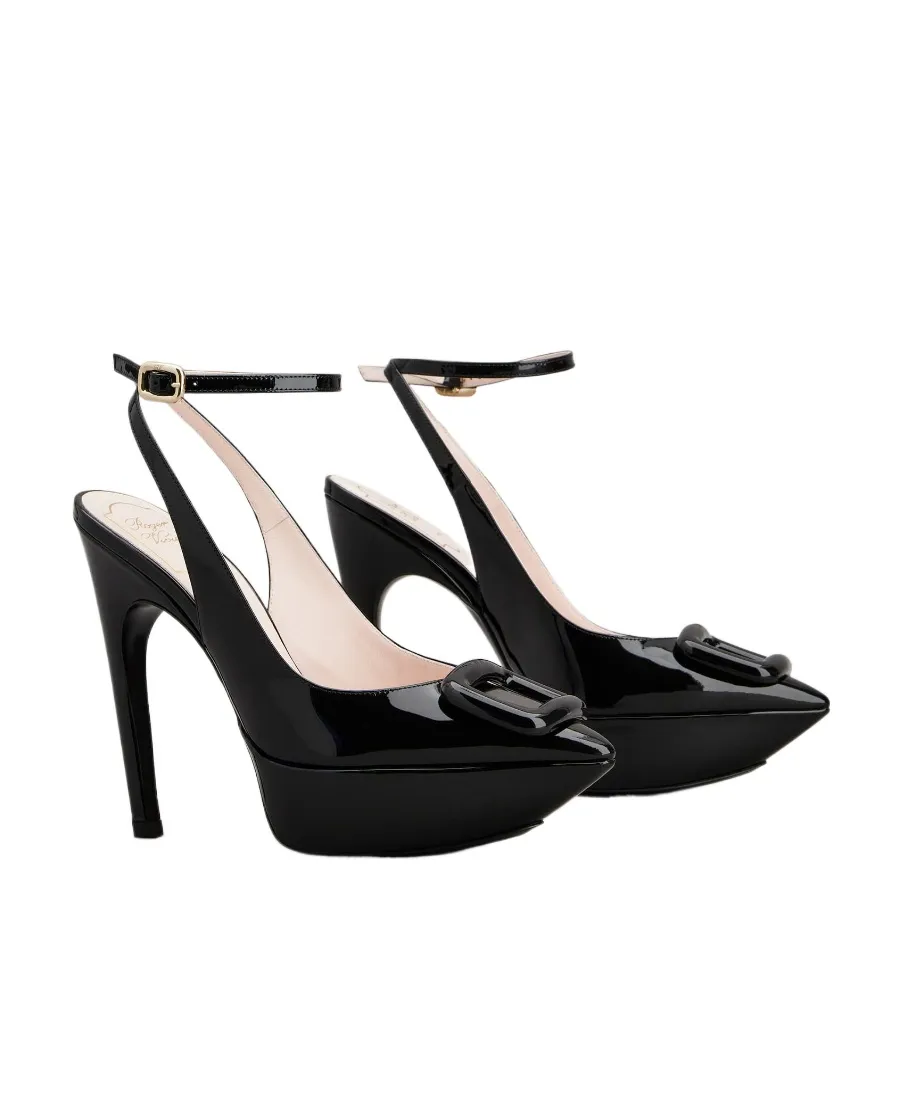 Viv' Choc Lacquered Buckle Slingback Pumps