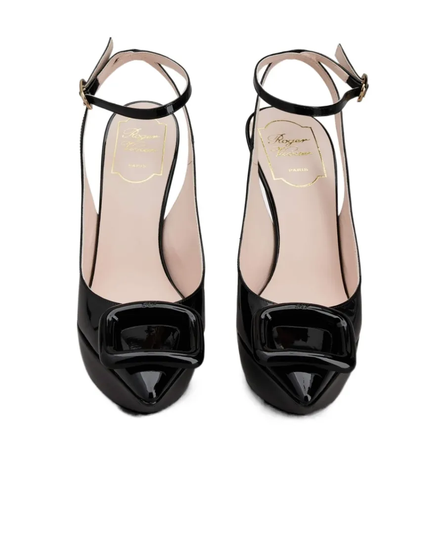 Viv' Choc Lacquered Buckle Slingback Pumps