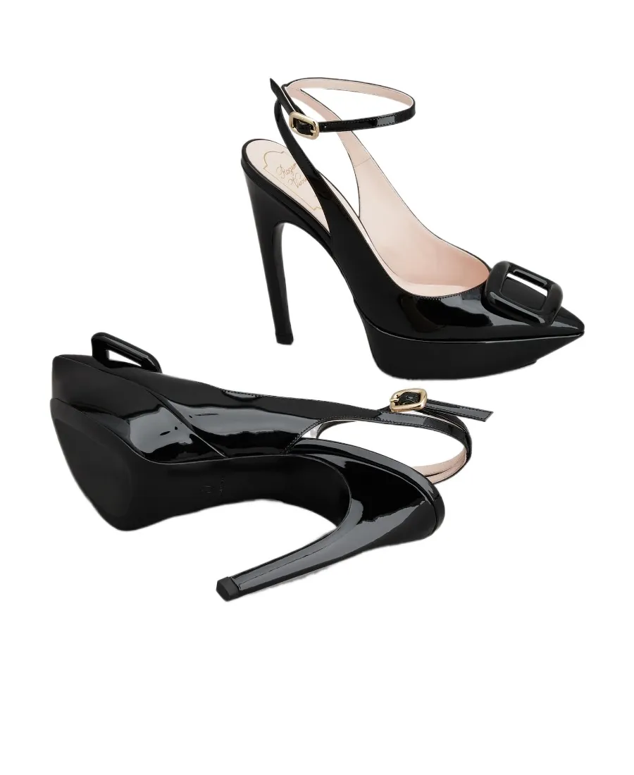 Viv' Choc Lacquered Buckle Slingback Pumps