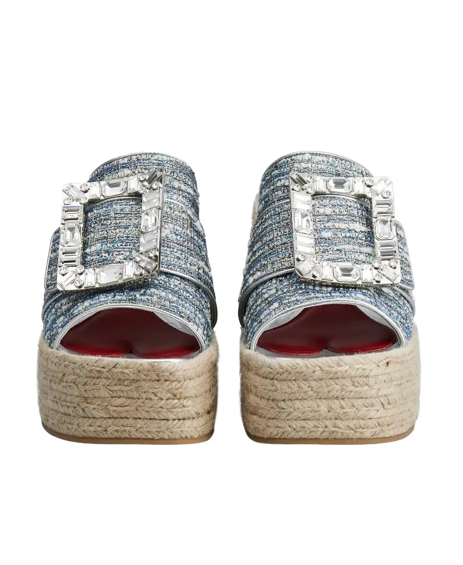 Strass Buckle Platform Espadrilles Mules In Fabrics