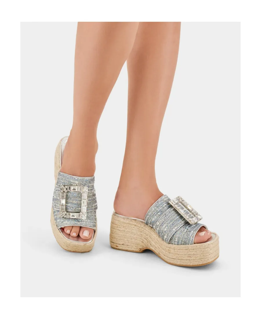 Strass Buckle Platform Espadrilles Mules In Fabrics