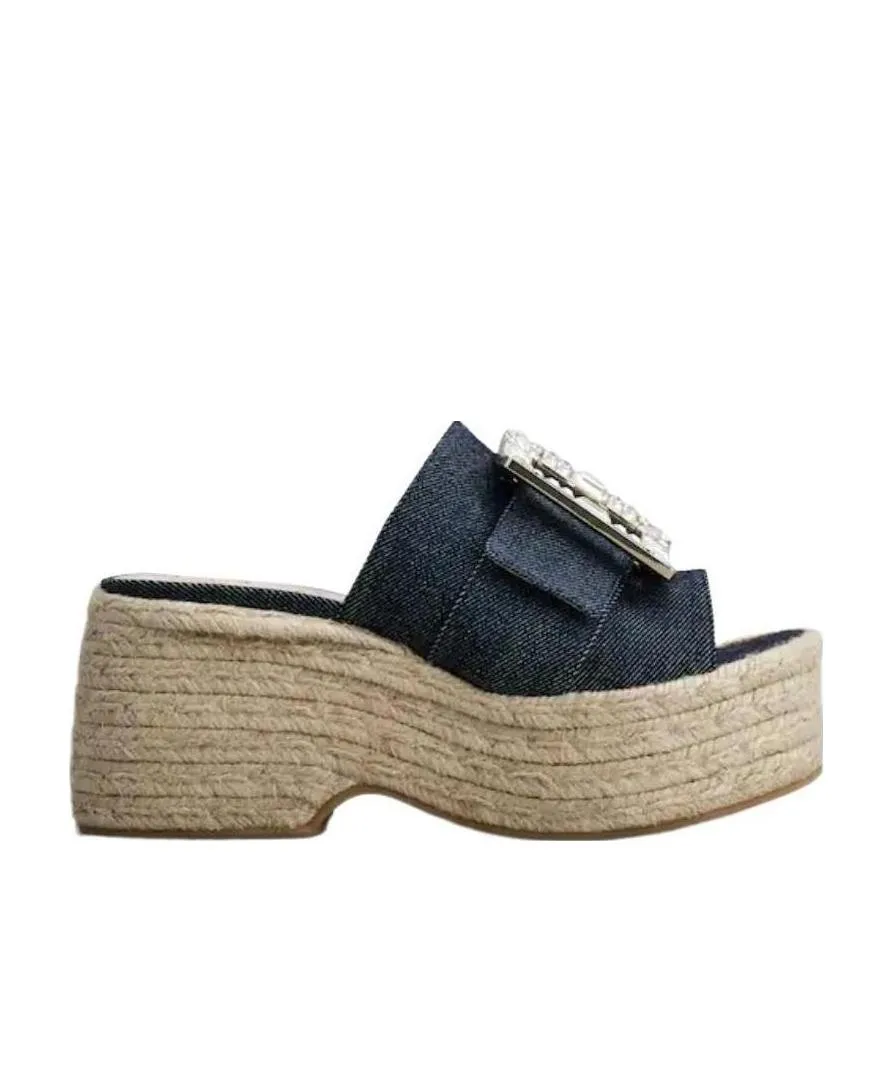Strass Buckle Espadrille Platform Mule In Denim