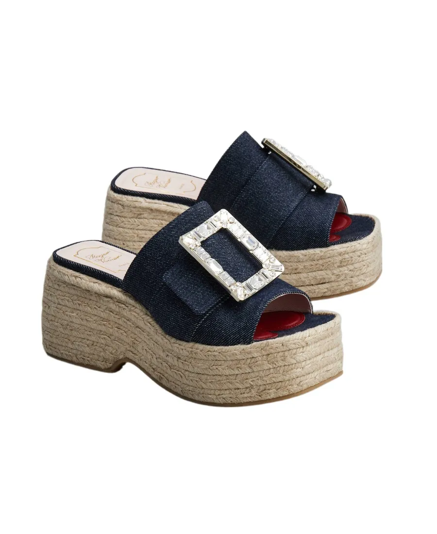 Strass Buckle Espadrille Platform Mule In Denim