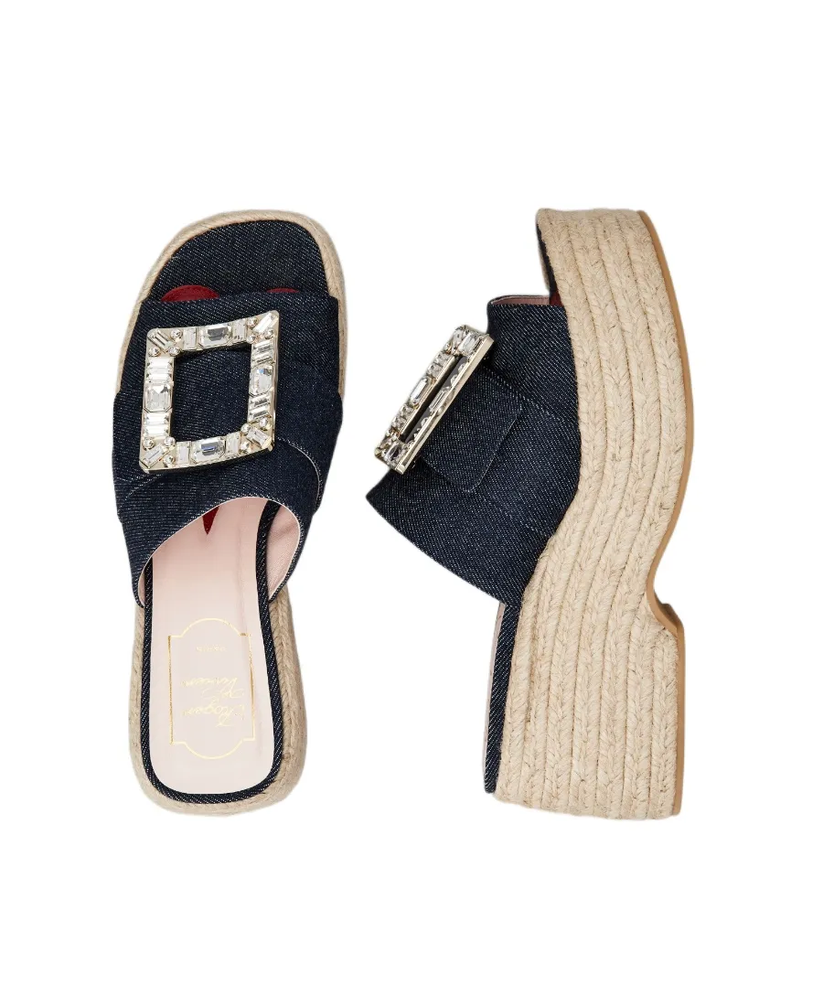 Strass Buckle Espadrille Platform Mule In Denim