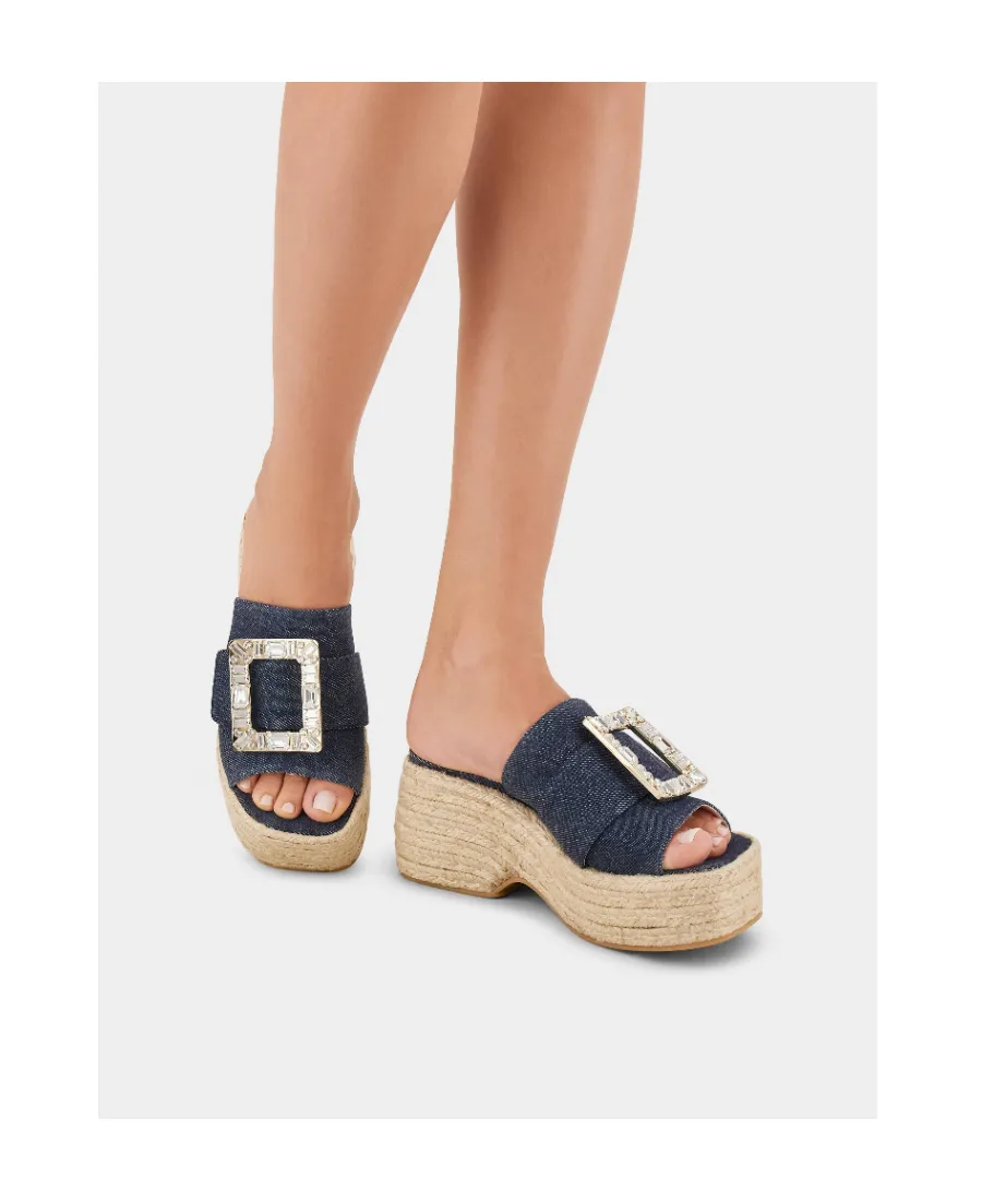 Strass Buckle Espadrille Platform Mule In Denim