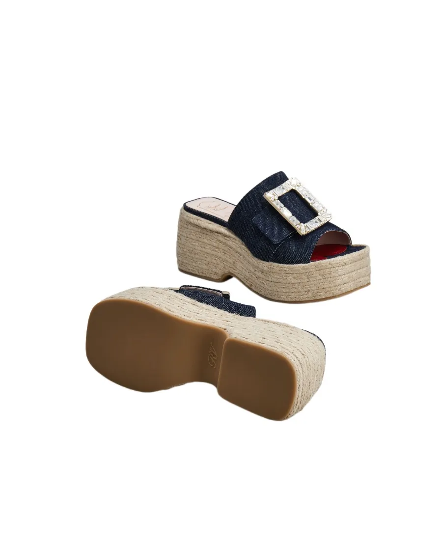 Strass Buckle Espadrille Platform Mule In Denim