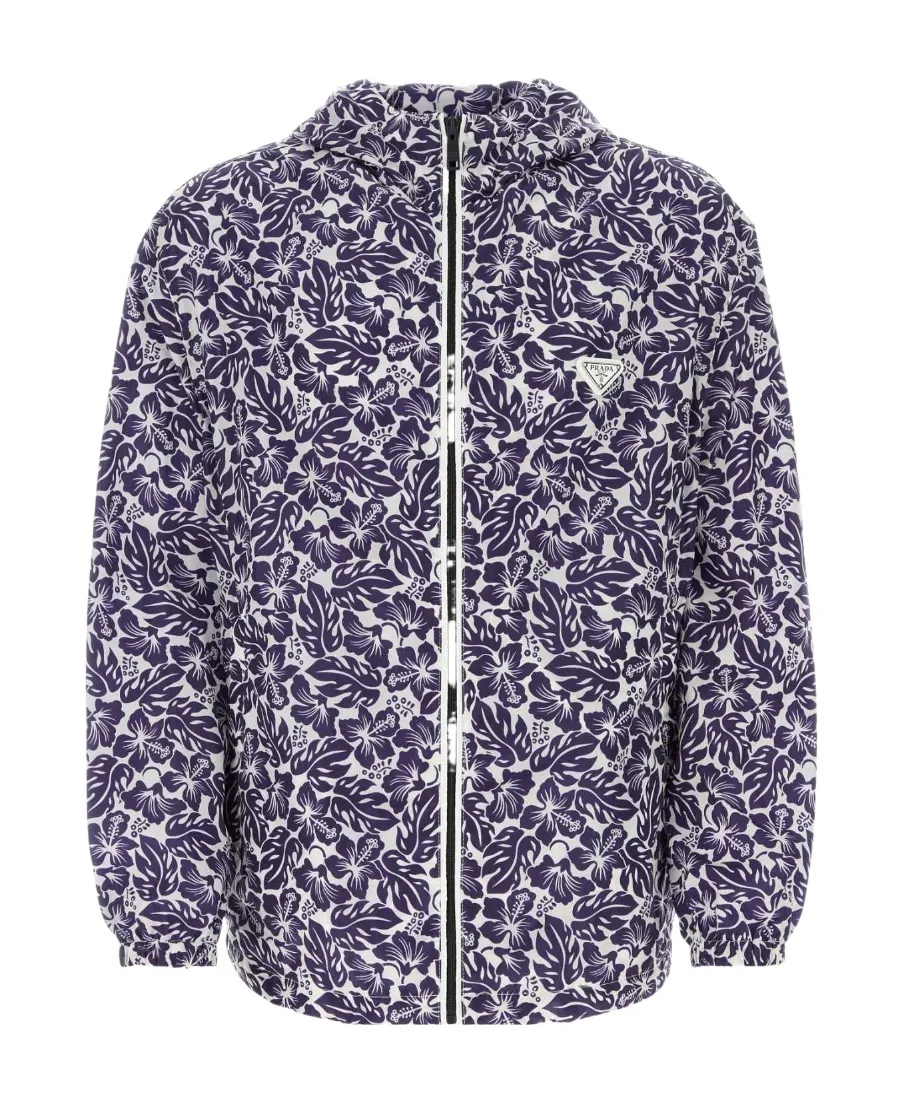 Hibiscus-Print Hooded Windbreaker