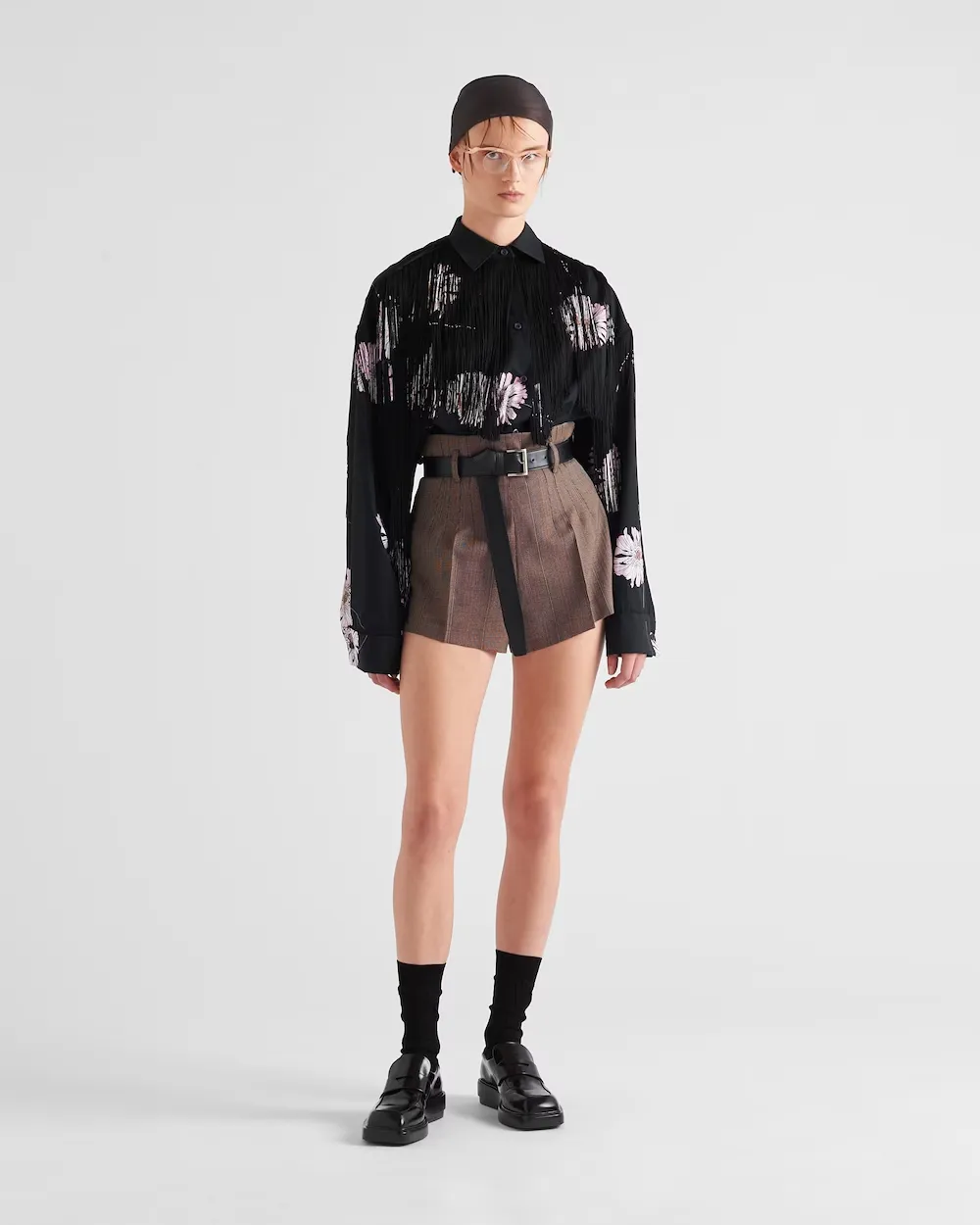 Rose-Printed Long-Sleeved Fringed Shirt