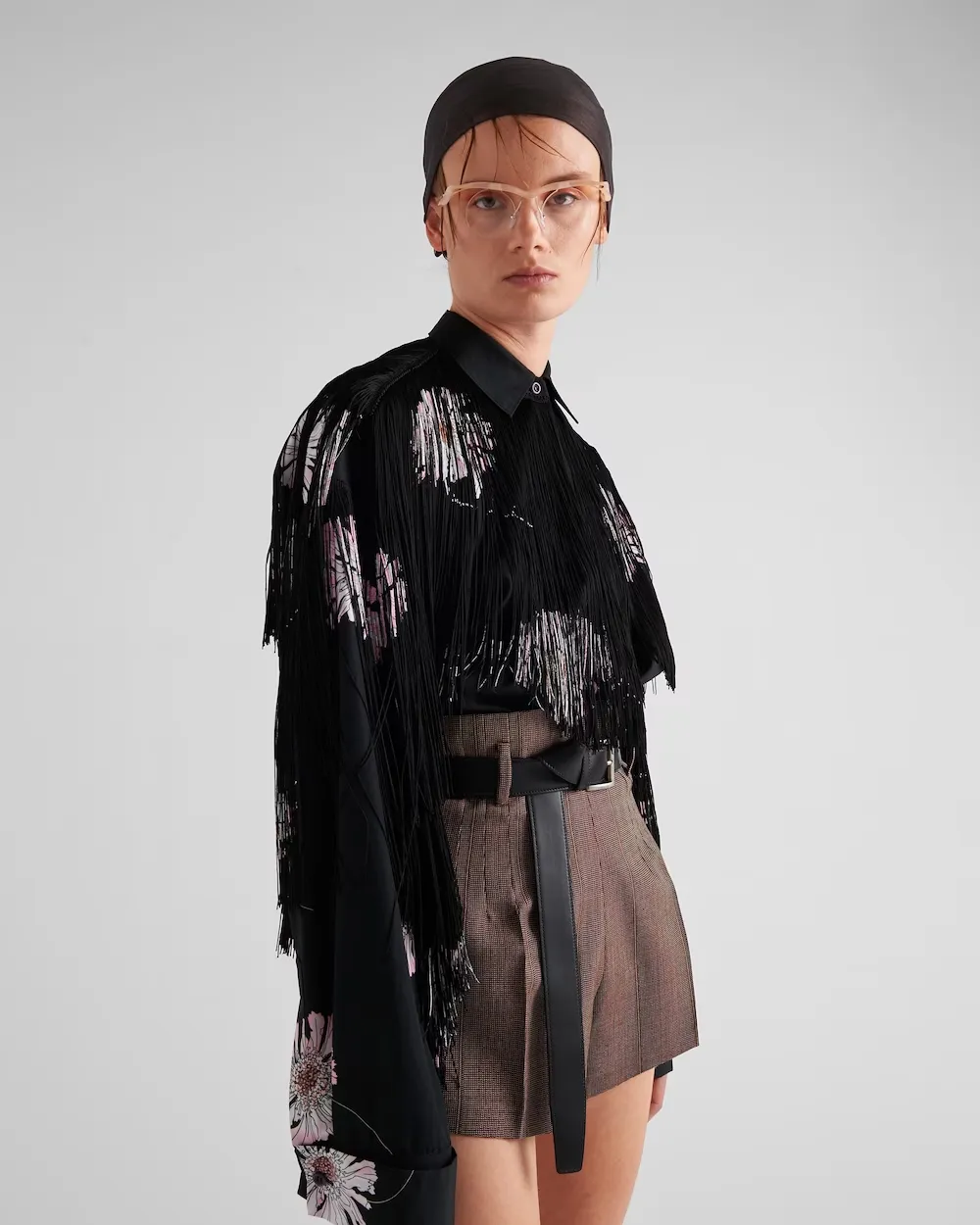 Rose-Printed Long-Sleeved Fringed Shirt