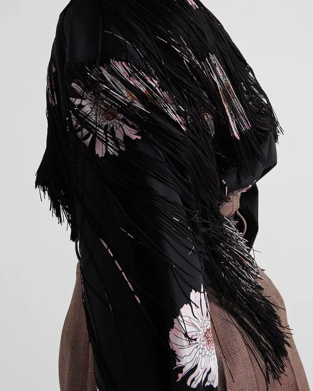 Rose-Printed Long-Sleeved Fringed Shirt