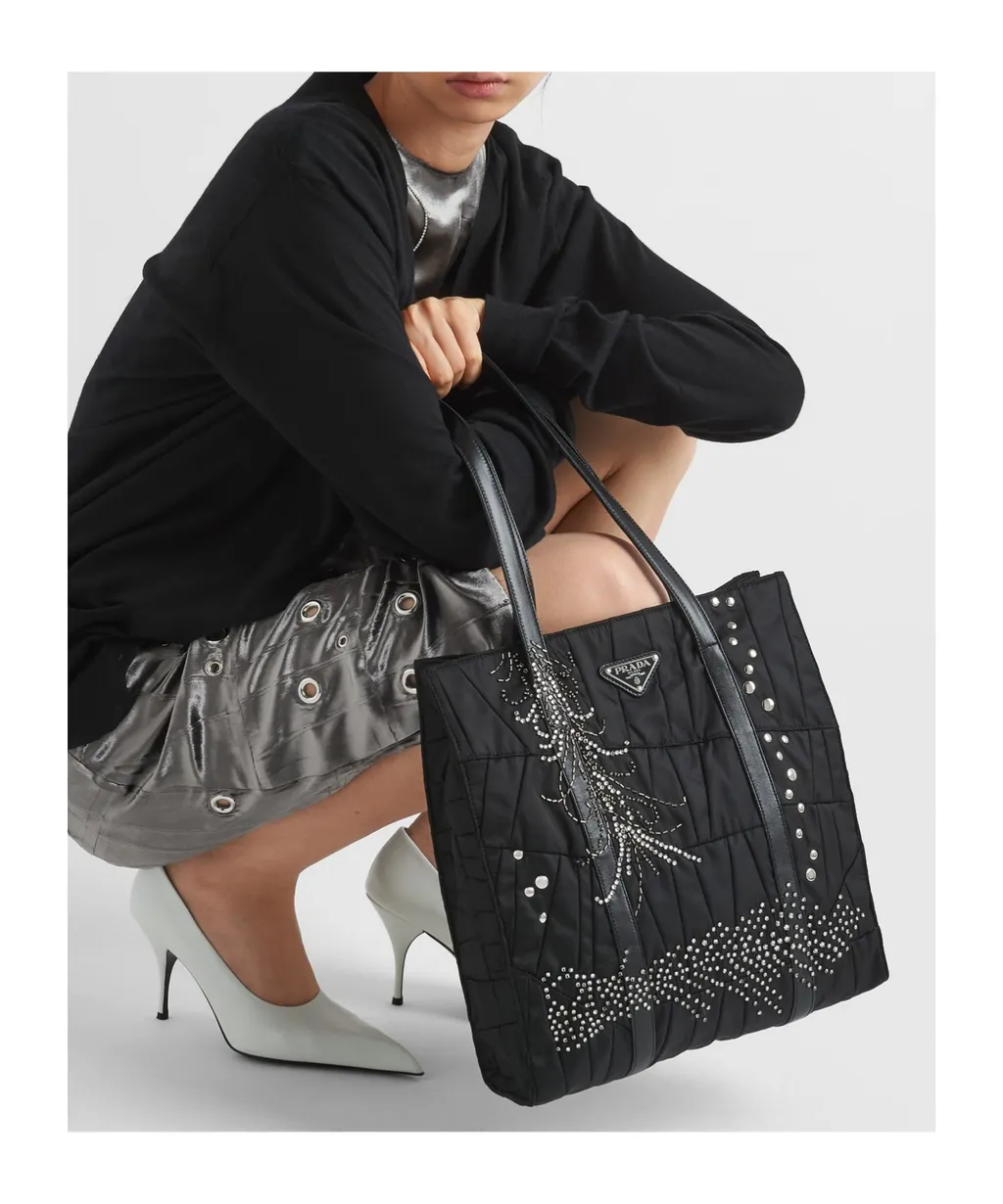 Medium Re-Nylon Patchwork Tote Bag With Embroidery