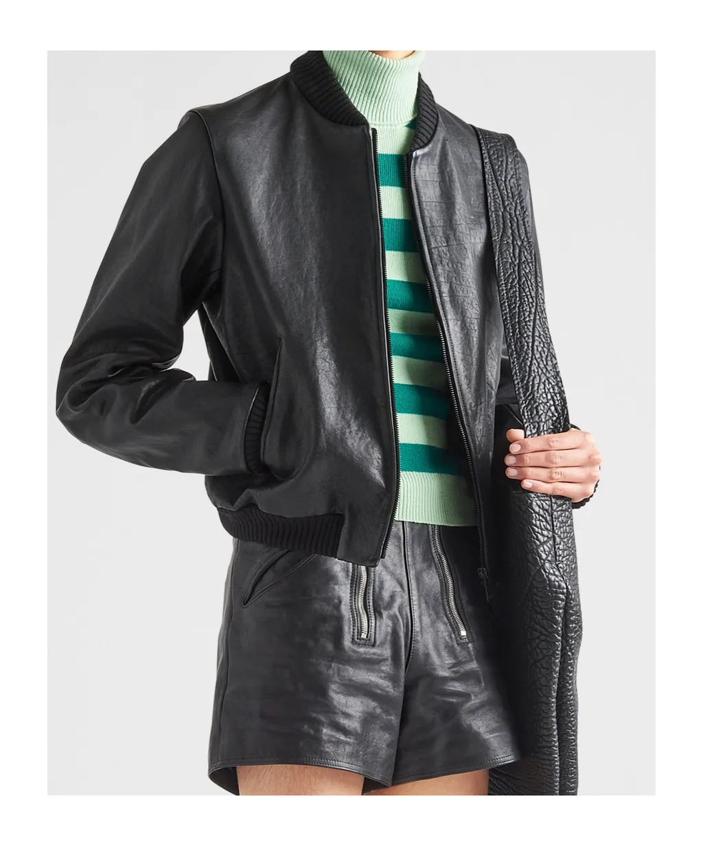 Long-Sleeved Zipped Leather Bomber Jacket
