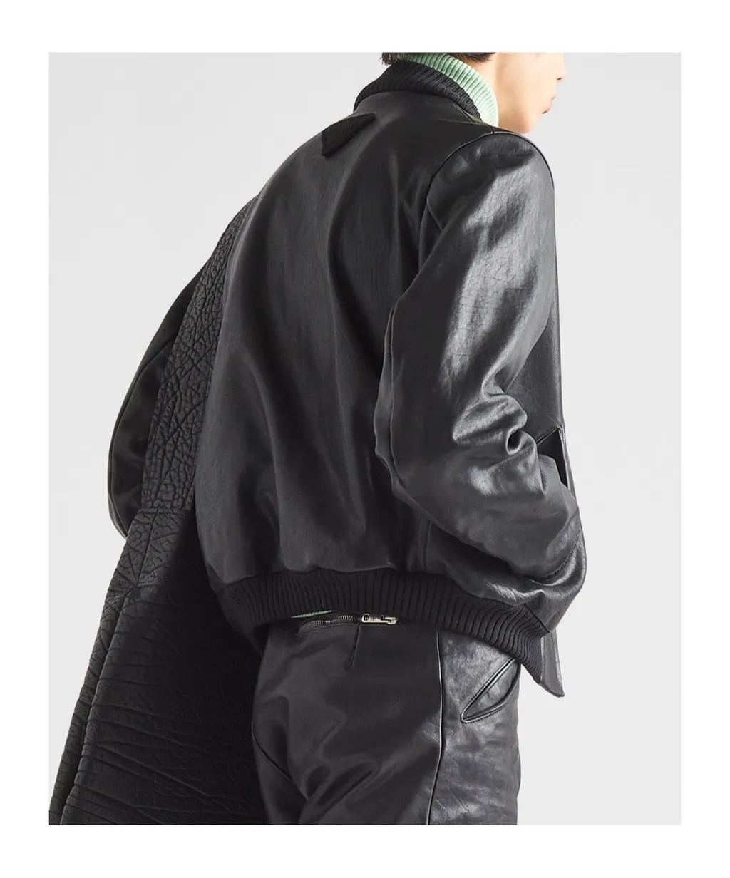 Long-Sleeved Zipped Leather Bomber Jacket