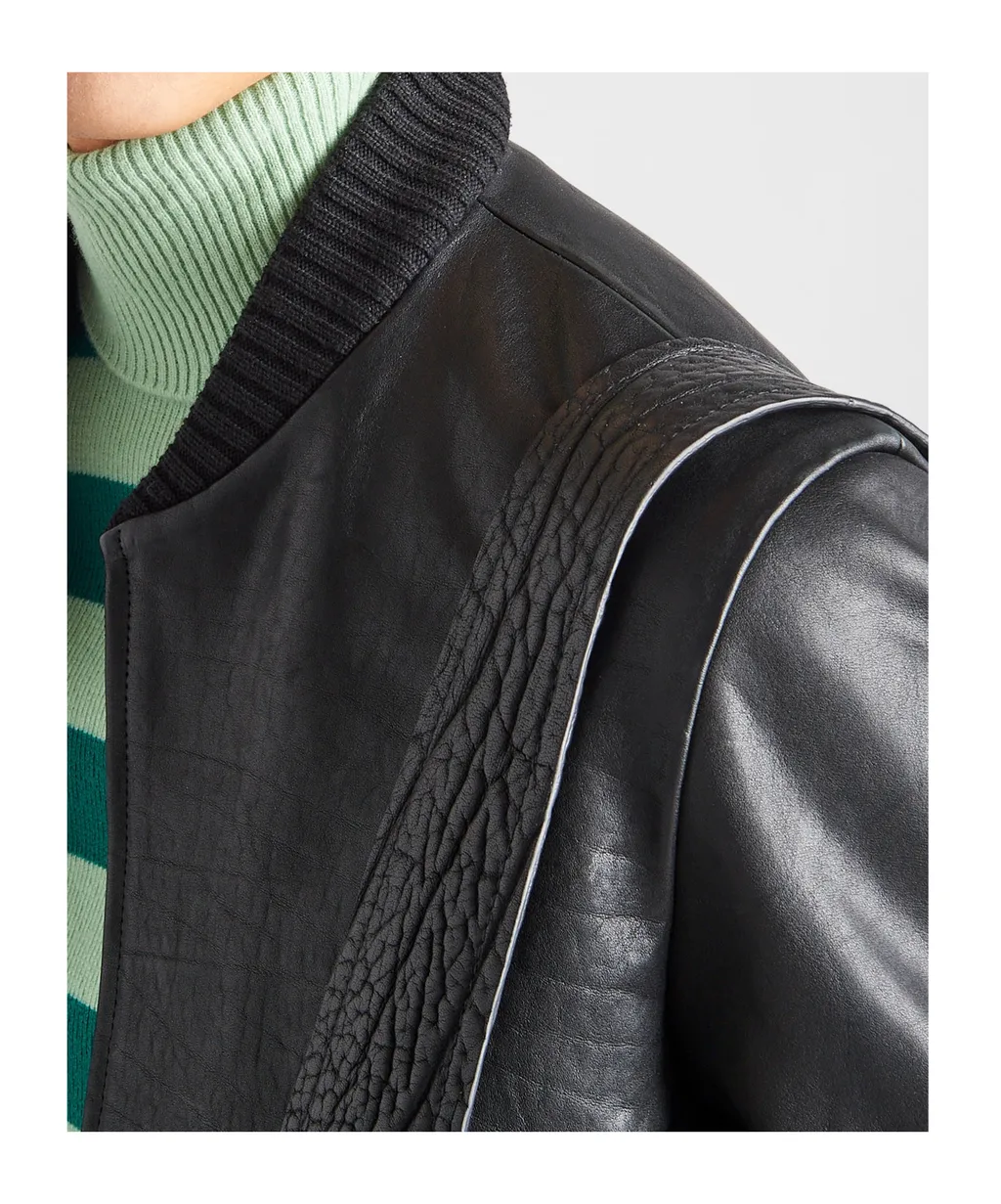 Long-Sleeved Zipped Leather Bomber Jacket
