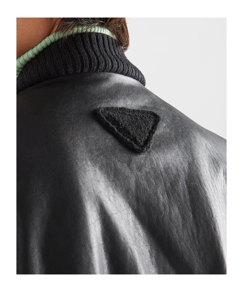Long-Sleeved Zipped Leather Bomber Jacket