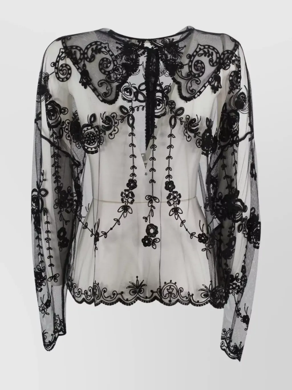 Sheer Mesh Top With Floral Embroidery