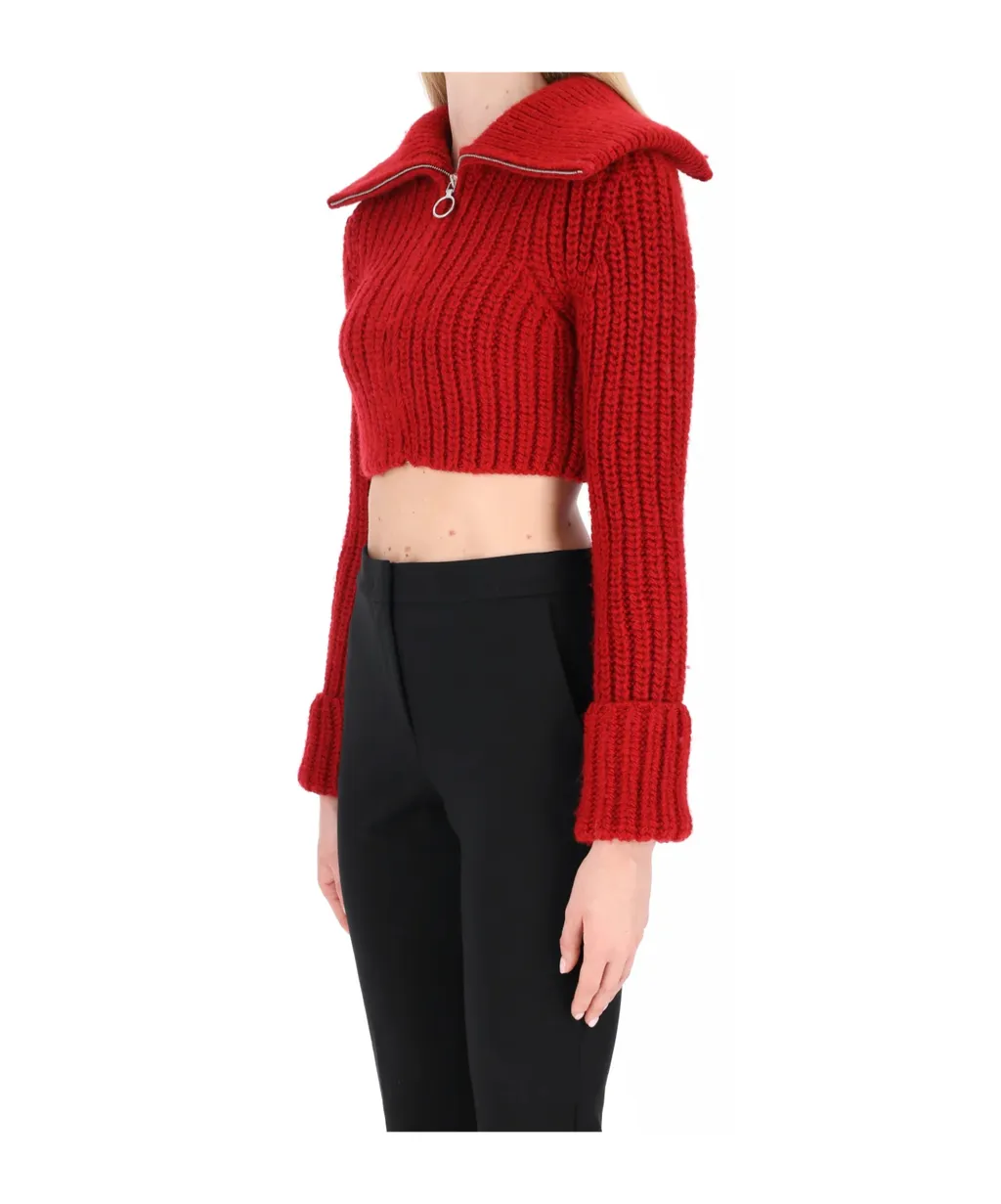 Half-Zipped Cropped Knitted Jumper