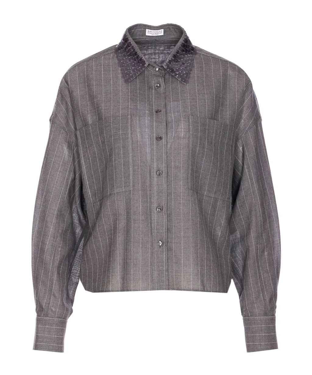 Pinstripe Sequin-Collar Shirt