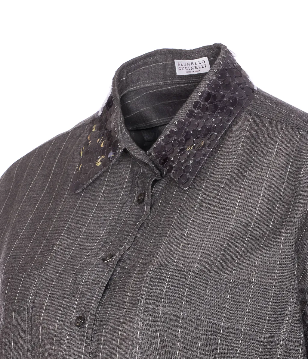 Pinstripe Sequin-Collar Shirt