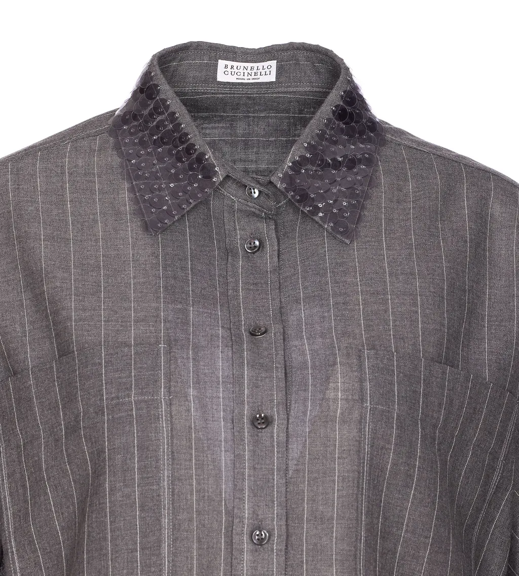 Pinstripe Sequin-Collar Shirt
