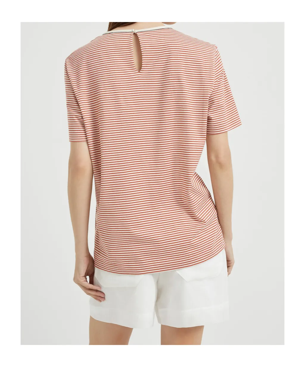Shiny Neck Detail Striped Jersey T-Shirt