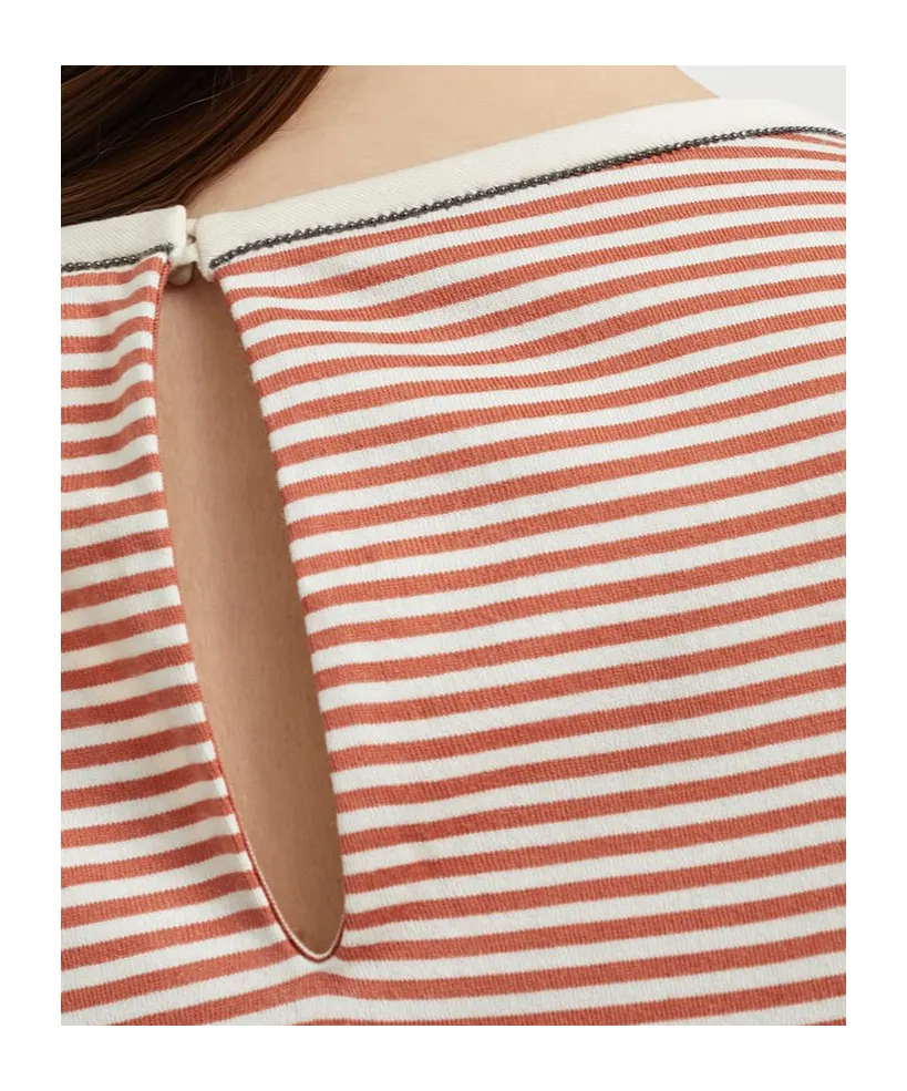 Shiny Neck Detail Striped Jersey T-Shirt