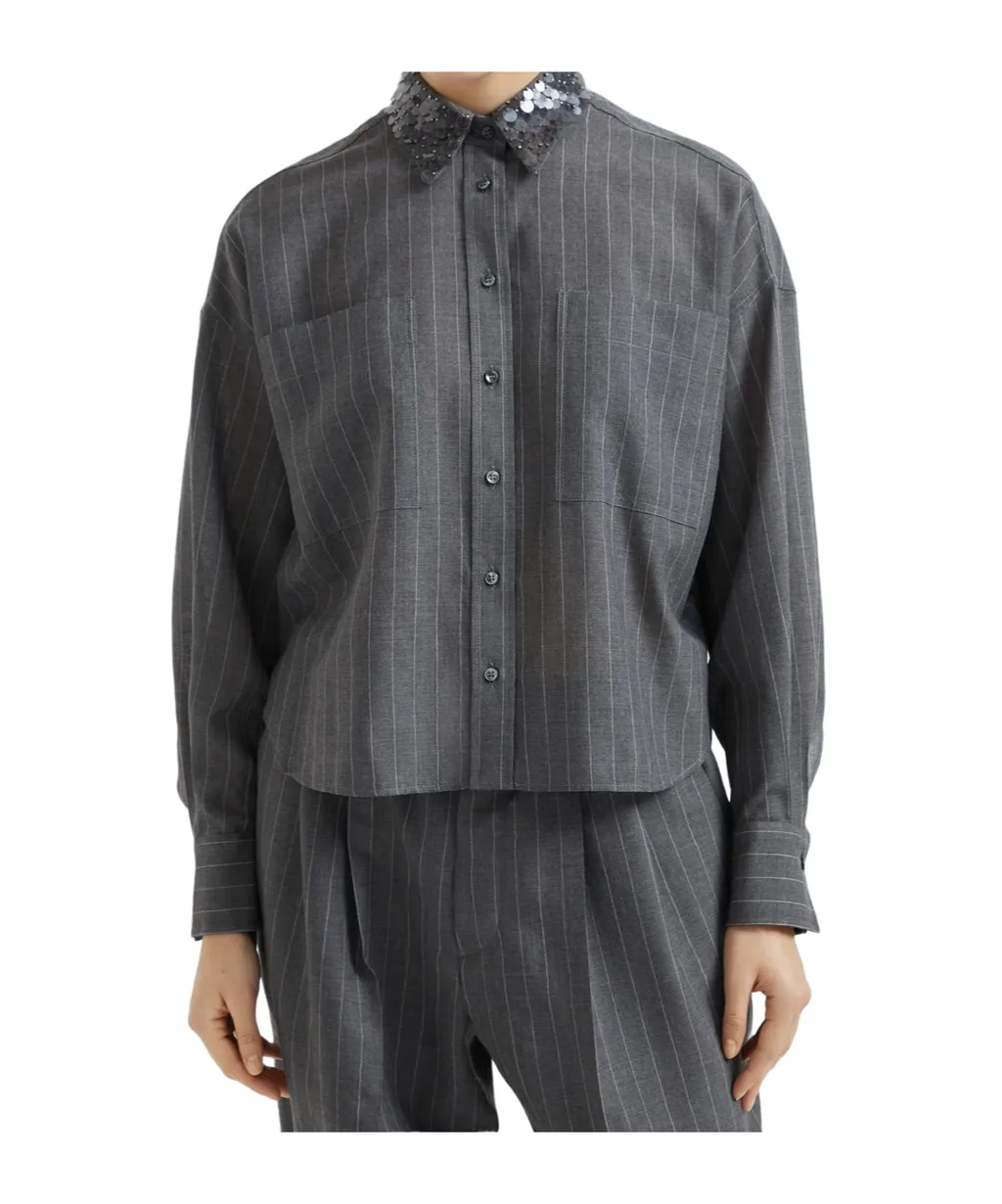 Embellished-Collar Striped Long-Sleeved Shirt