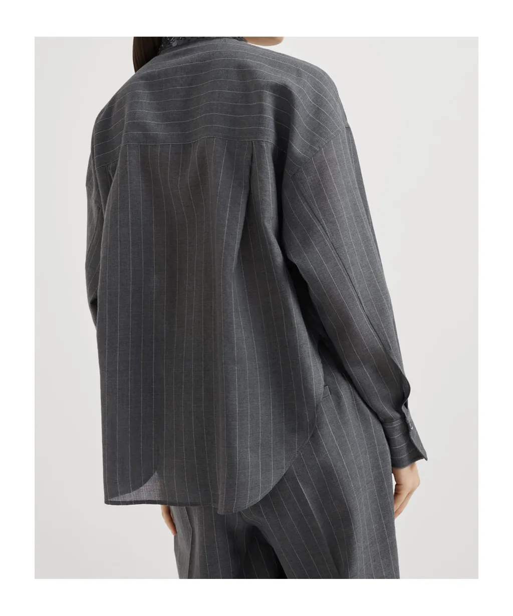 Embellished-Collar Striped Long-Sleeved Shirt