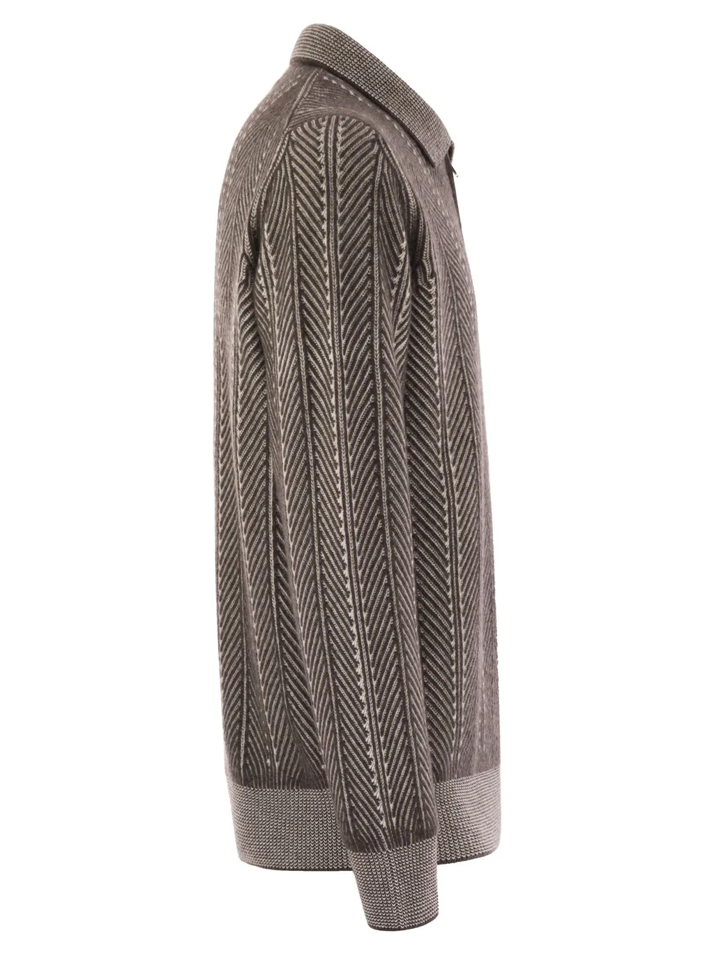 Herringbone-Pattern Zipped Polo Shirt